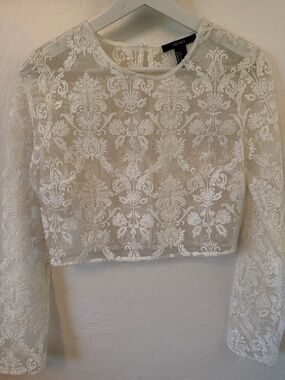 Off White Sheer Embroidered Long-Sleeve Crop Top